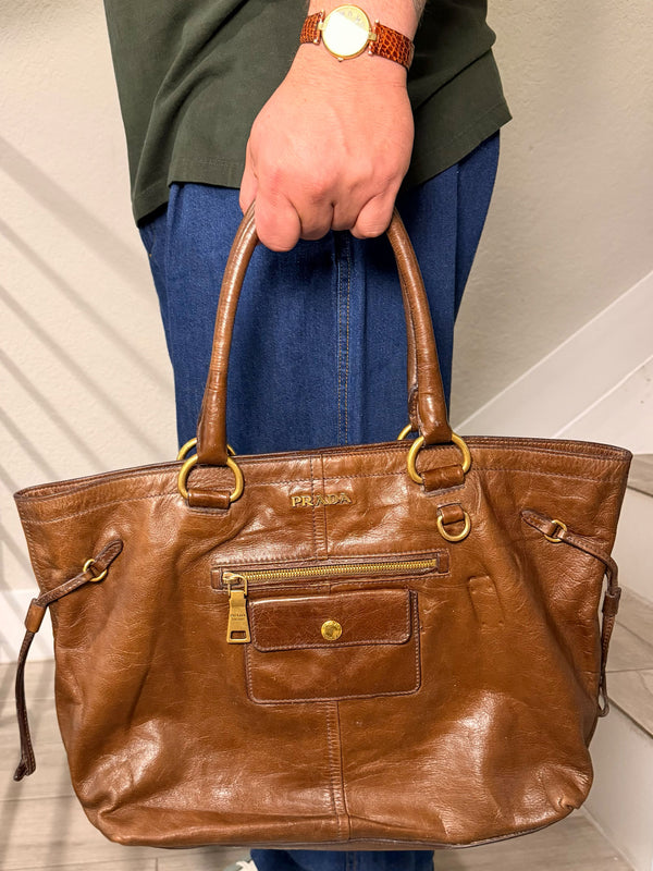 Prada Vitello Shine Leather Brown Handbag Tote Bag