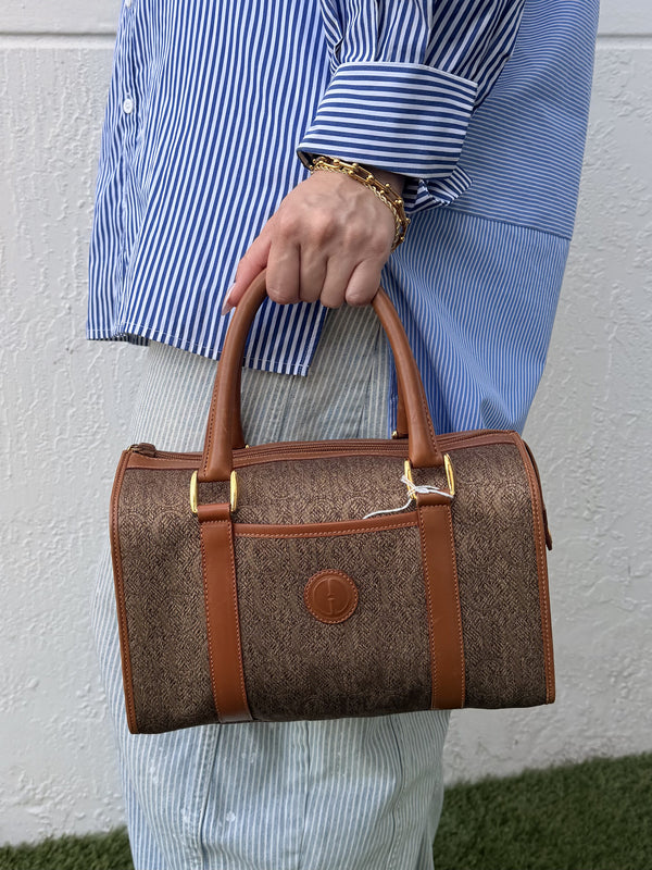 GUCCI Logo Pattern Gold Hardware Brown Leather Mini Boston Bag