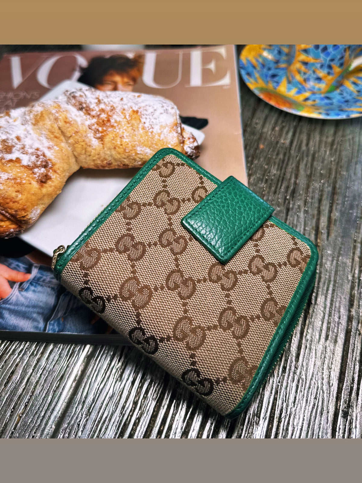 GUCCI Vintage Bifold Wallet GG Canvas Leather Brown - Green