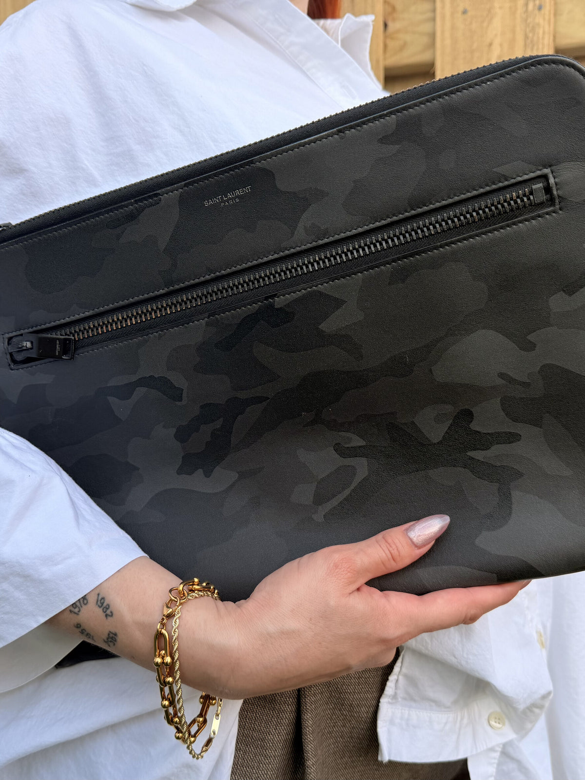 Saint laurent clutch bag gray leather camouflage