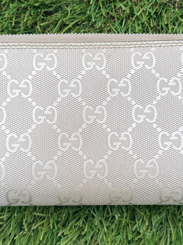 GUCCI GG Imprime Silver Leather Round Zip Long Wallet