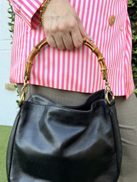 GUCCI Bamboo Hand Bag Leather Black Gold Hardware