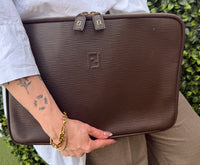 FENDI vintage FF logo Pouch Bag Clutch bag Leather Brown