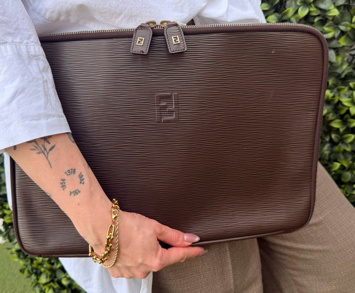 FENDI vintage FF logo Pouch Bag Clutch bag Leather Brown