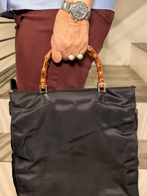 GUCCI Bamboo 2Way Handbag Black Nylon Shoulder Bag