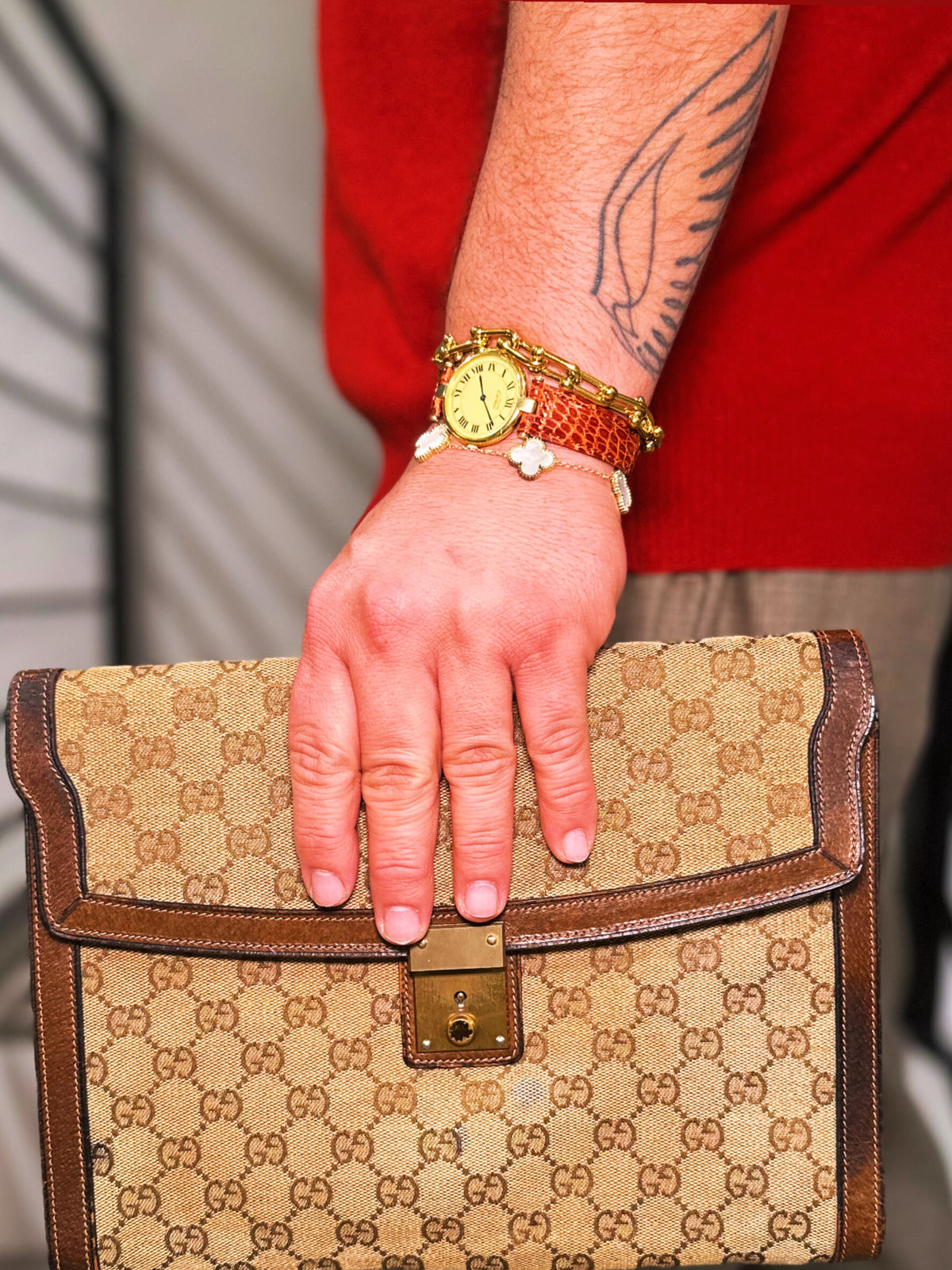 GUCCI GG Canvas Clutch Key Brown Leather Handbag