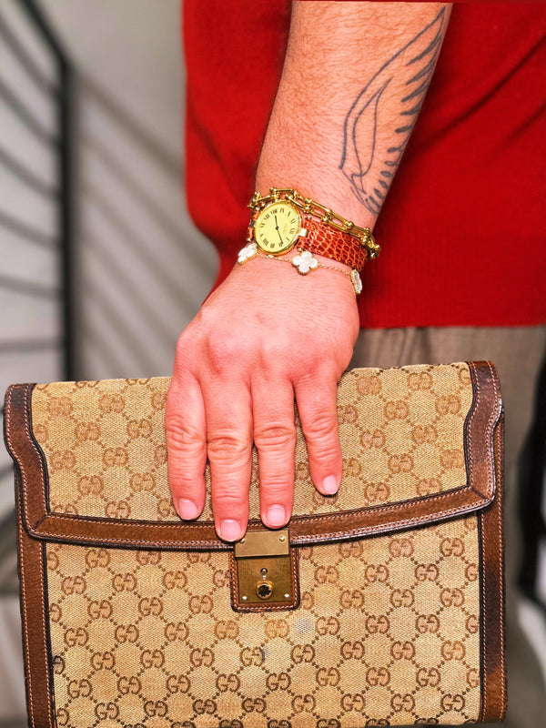 GUCCI GG Canvas Clutch Key Brown Leather Handbag