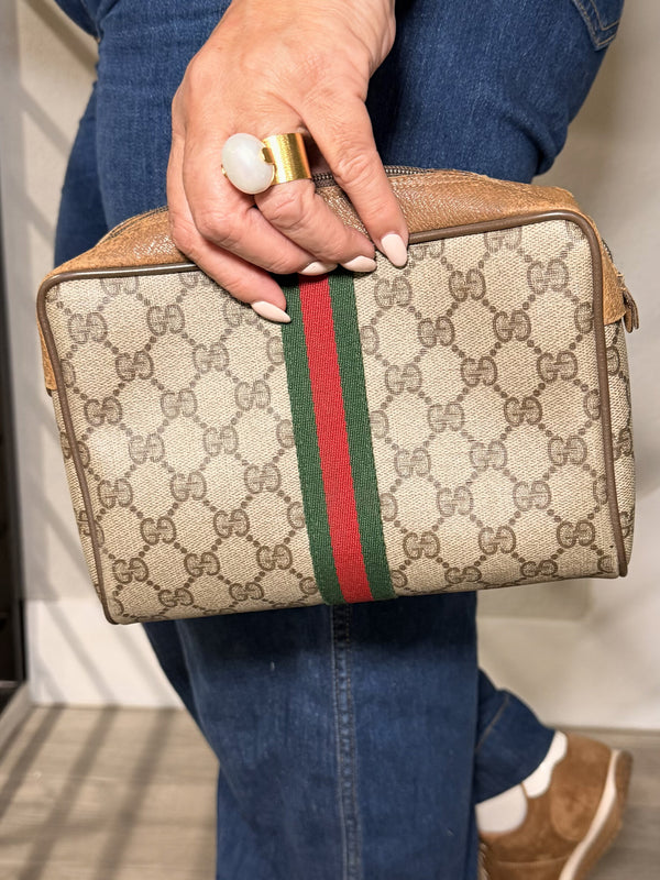 Gucci GG Supreme Sherry Line PVC Leather Brown Clutch Bag