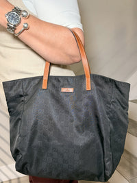 Gucci GG Pattern Nylon Leather Black Tote Bag
