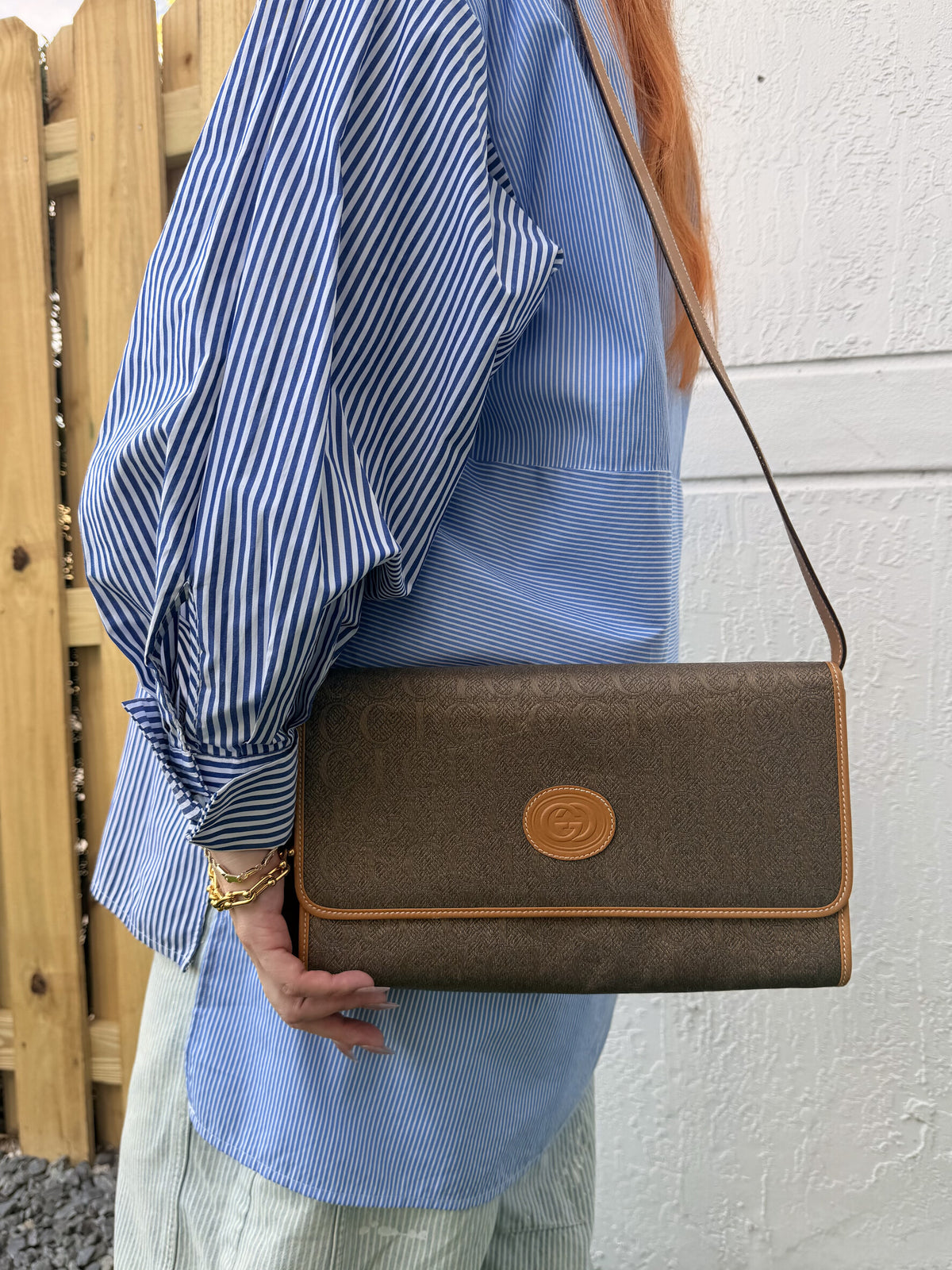 Gucci Vintage Logo Canvas Leather Brown Shoulder Bag