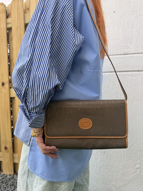 Gucci Vintage Logo Canvas Leather Brown Shoulder Bag
