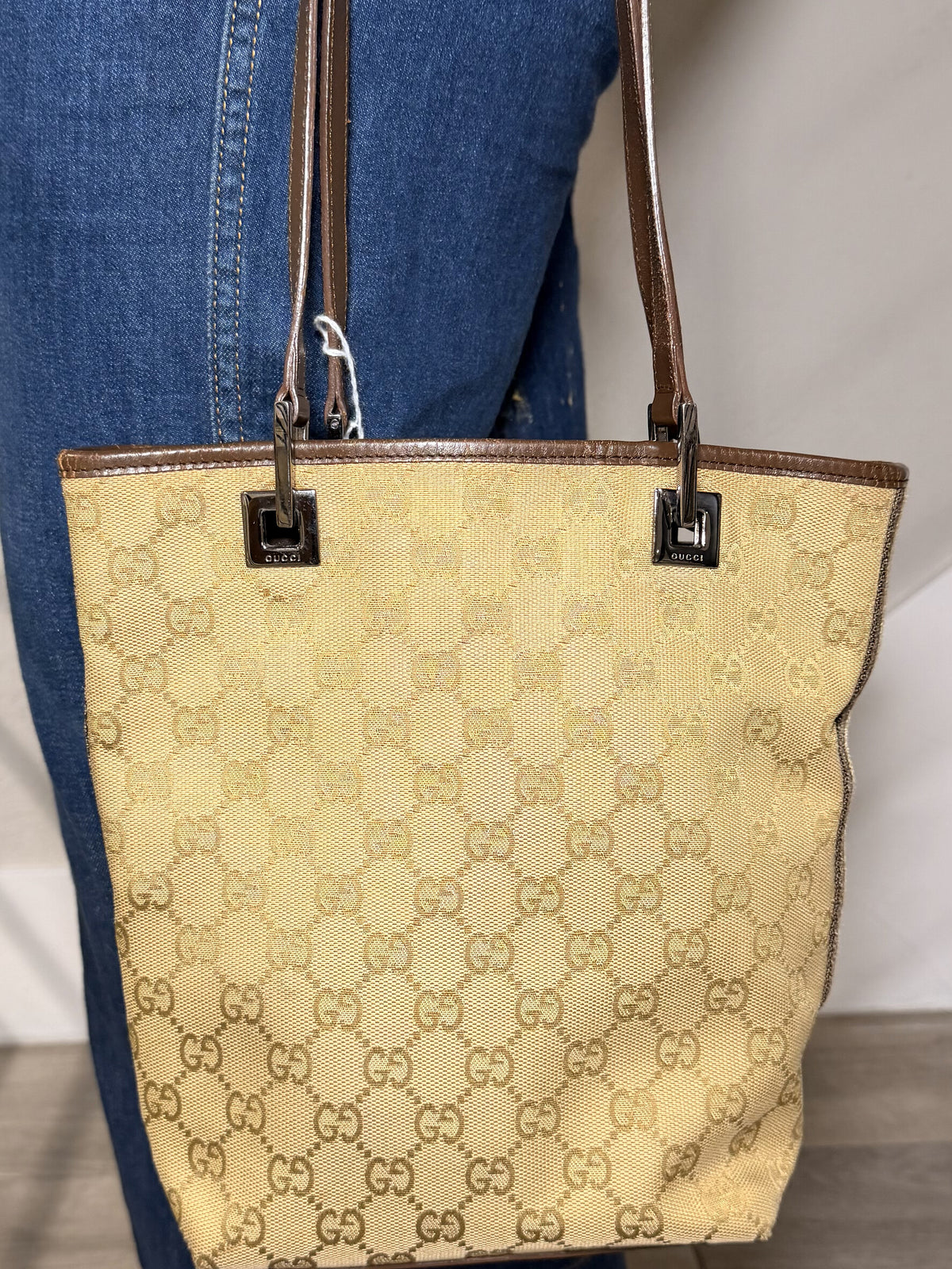 GUCCI GG Canvas Tote Bag Beige Silver Hardware