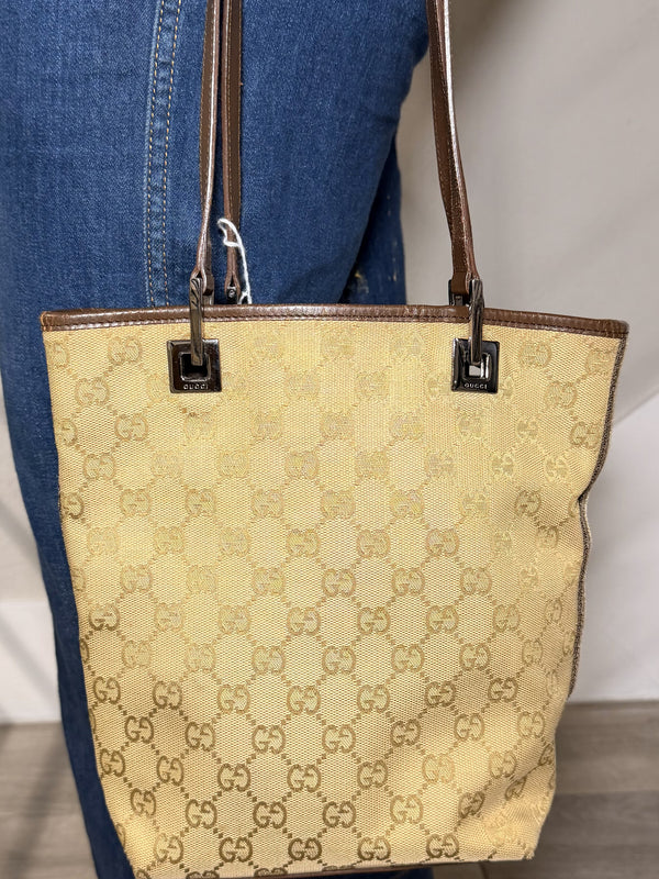 GUCCI GG Canvas Tote Bag Beige Silver Hardware