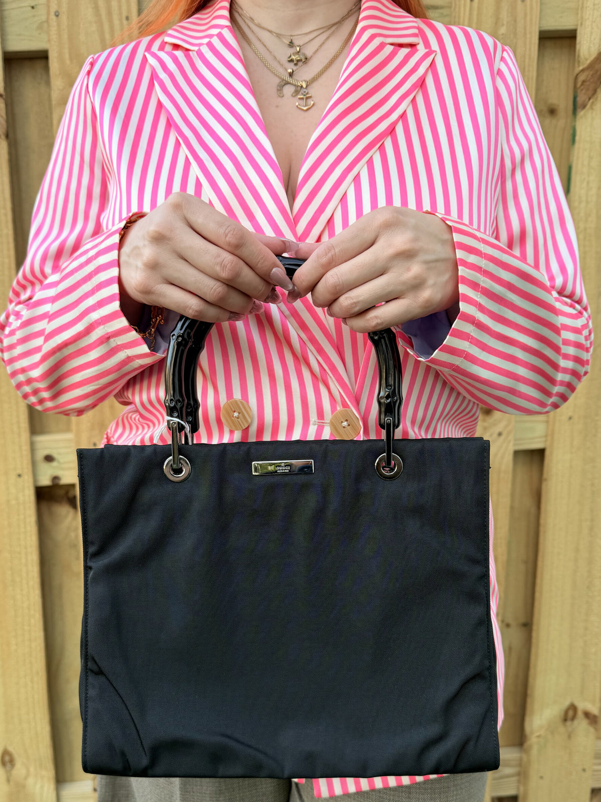 GUCCI Bamboo Black Nylon Handbag