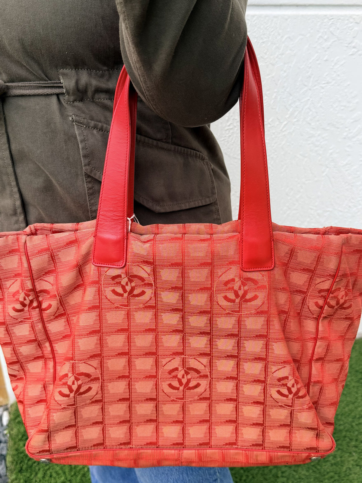 Chanel New Travel Line Tote Bag Nylon Red Silver
