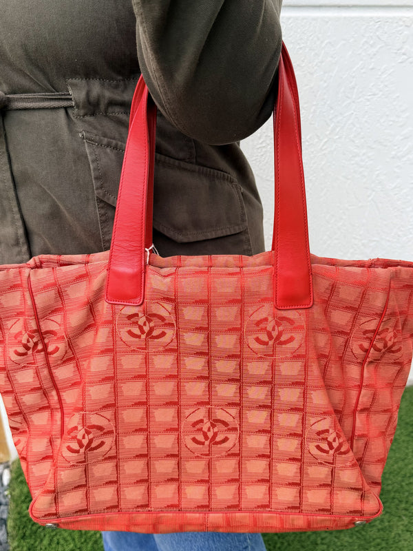 Chanel New Travel Line Tote Bag Nylon Red Silver