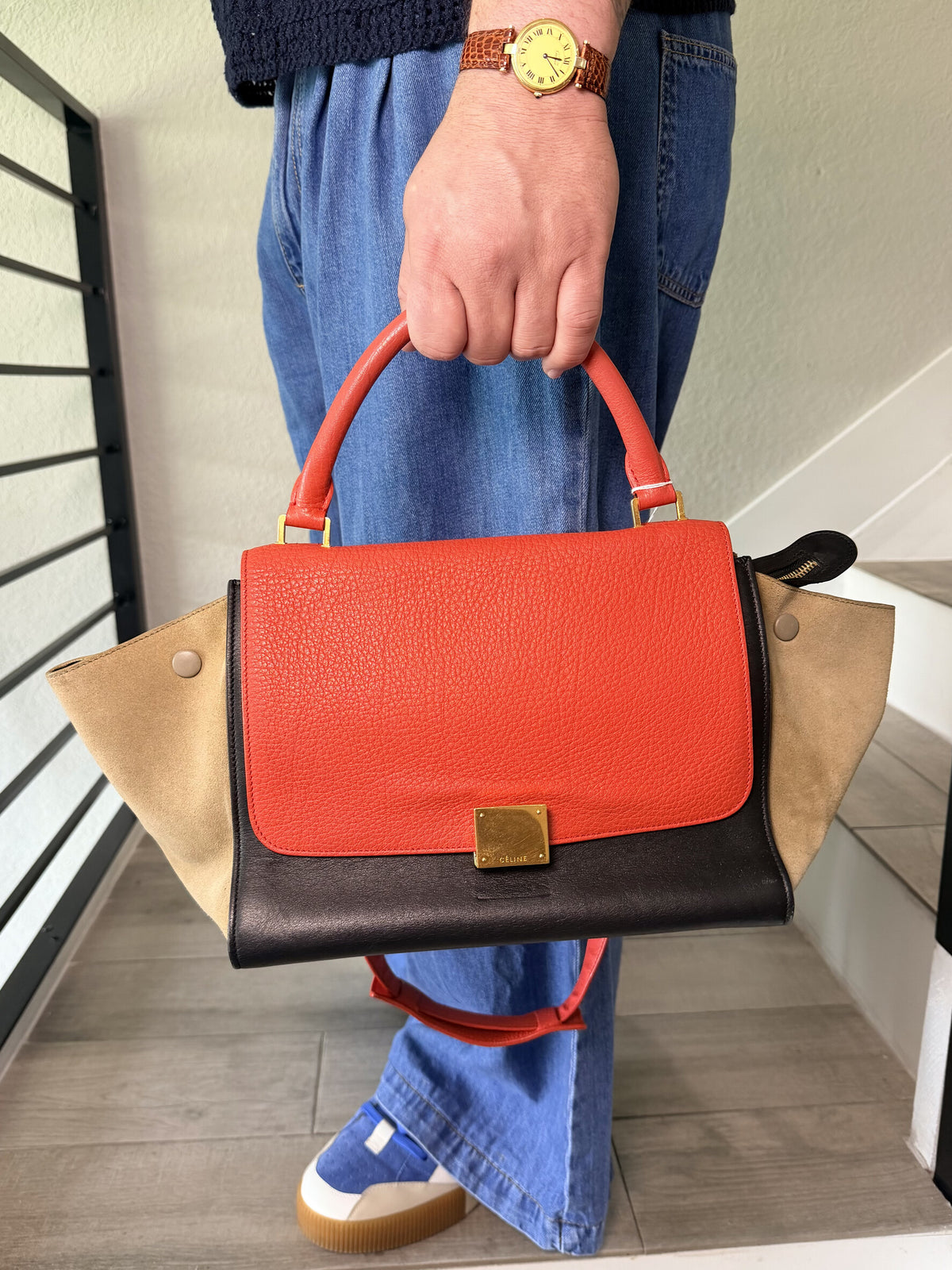 Celine Trapeze Hand bag Orange leather