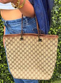 Gucci GG Canvas Leather Beige Brown Tote Bag