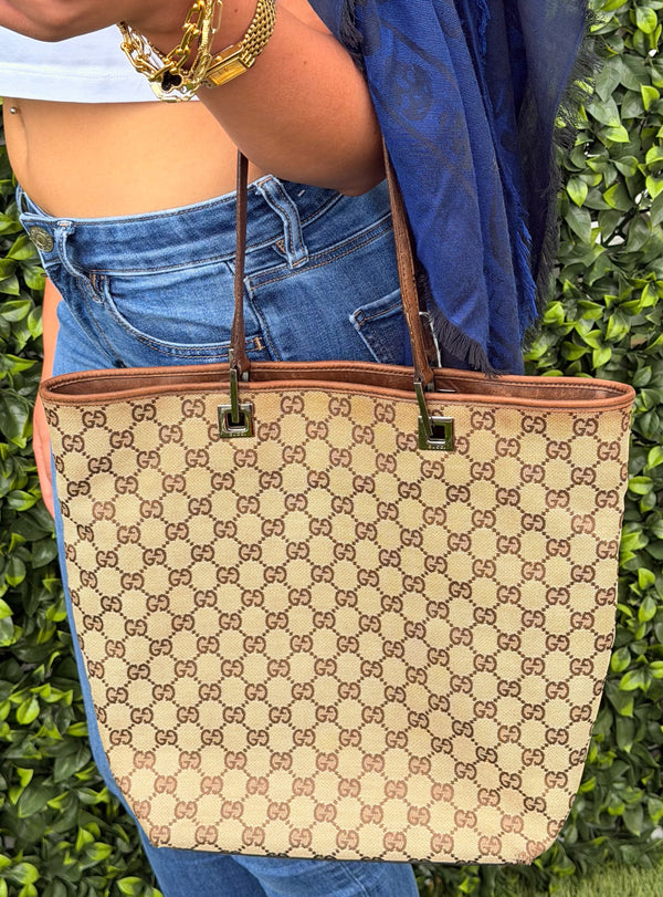 Gucci GG Canvas Leather Beige Brown Tote Bag