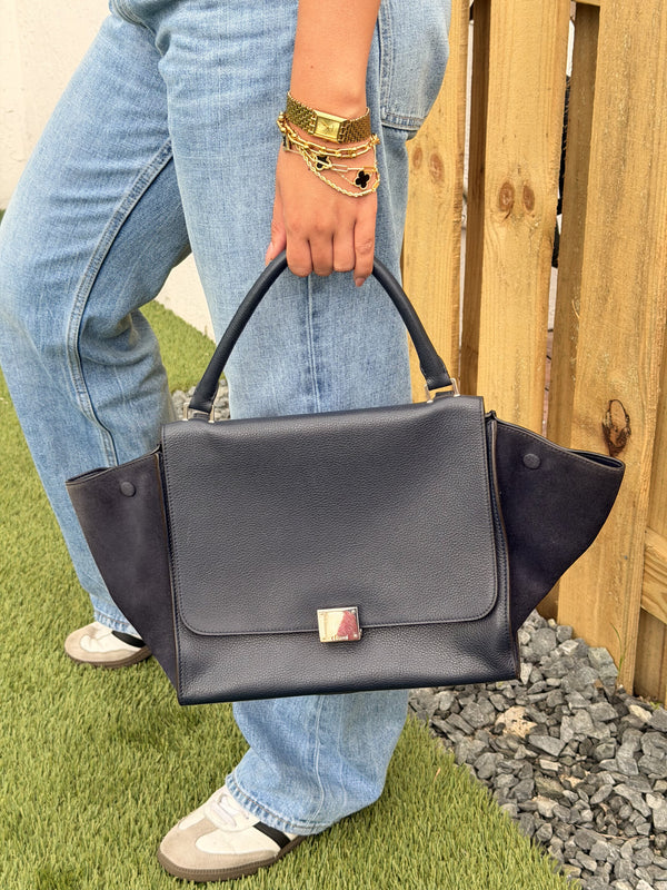 CELINE Trapeze Handbag Shoulder Bag Navy Blue Leather