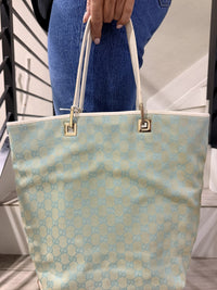 Gucci GG Canvas Leather Light Green Ivory Tote Bag