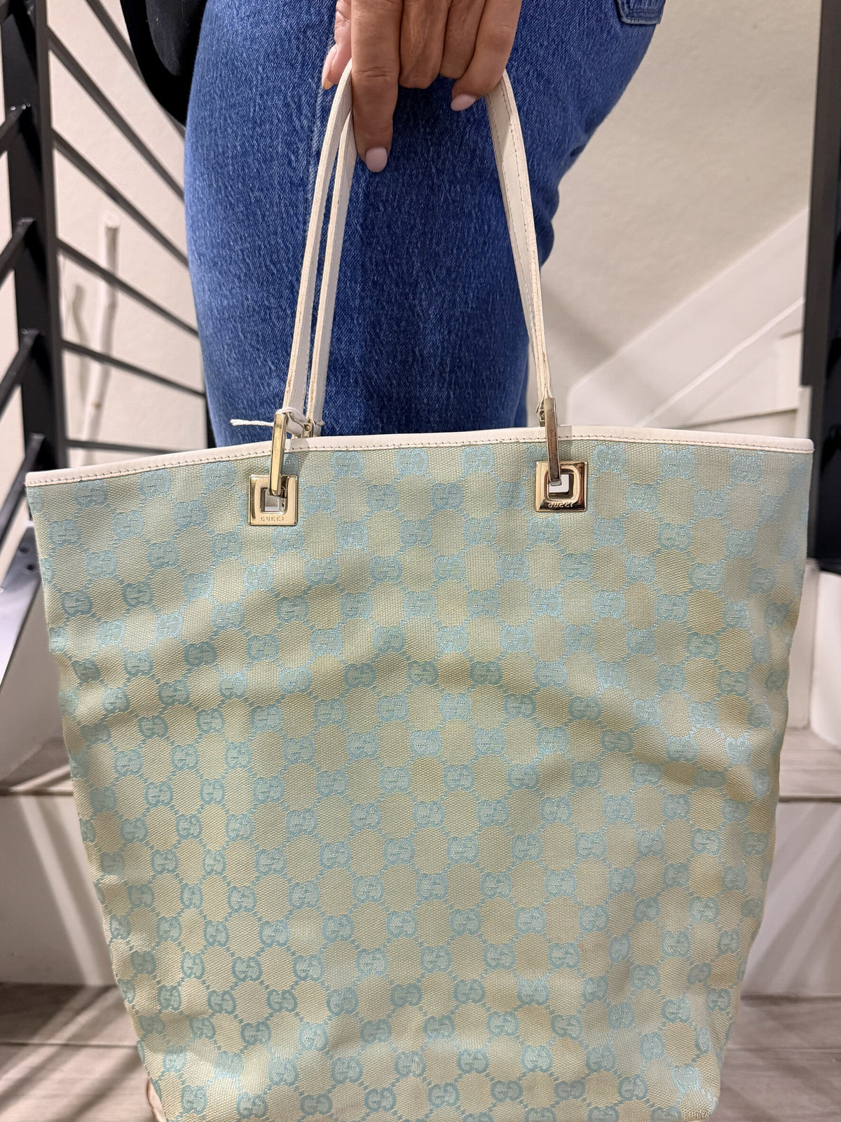 Gucci GG Canvas Leather Light Green Ivory Tote Bag