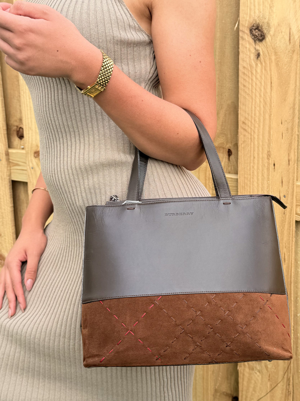 BURBERRY Check Pattern Leather Suede Brown Tote Bag