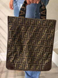 Fendi Zucca Pattern Khaki Canvas Leather Tote Bag