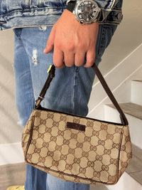 GUCCI GG Canvas Leather Mini Hand Bag Pouch Beige Brown