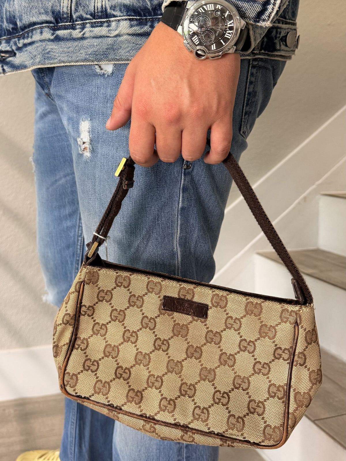 GUCCI GG Canvas Leather Mini Hand Bag Pouch Beige Brown