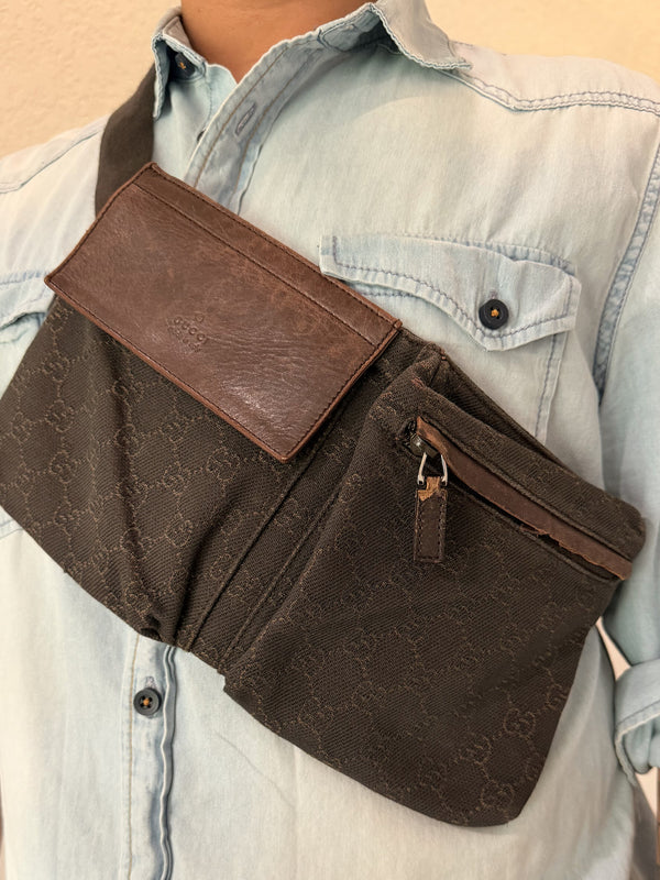 Gucci GG Canvas x Leather Dark Brown  Waist Bag