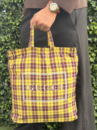 Gucci Plaid Montecarlo Nylon Tote Yellow brown