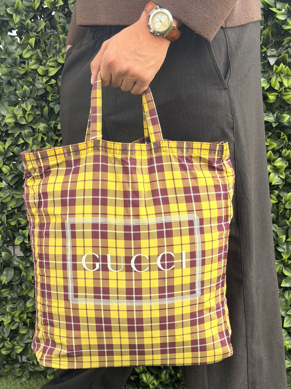 Gucci Plaid Montecarlo Nylon Tote Yellow brown