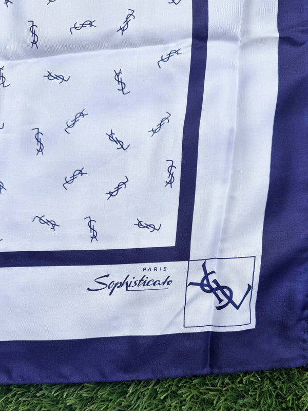 YSL Yves Saint Laurent Monogram Blue And White Silk Scarf