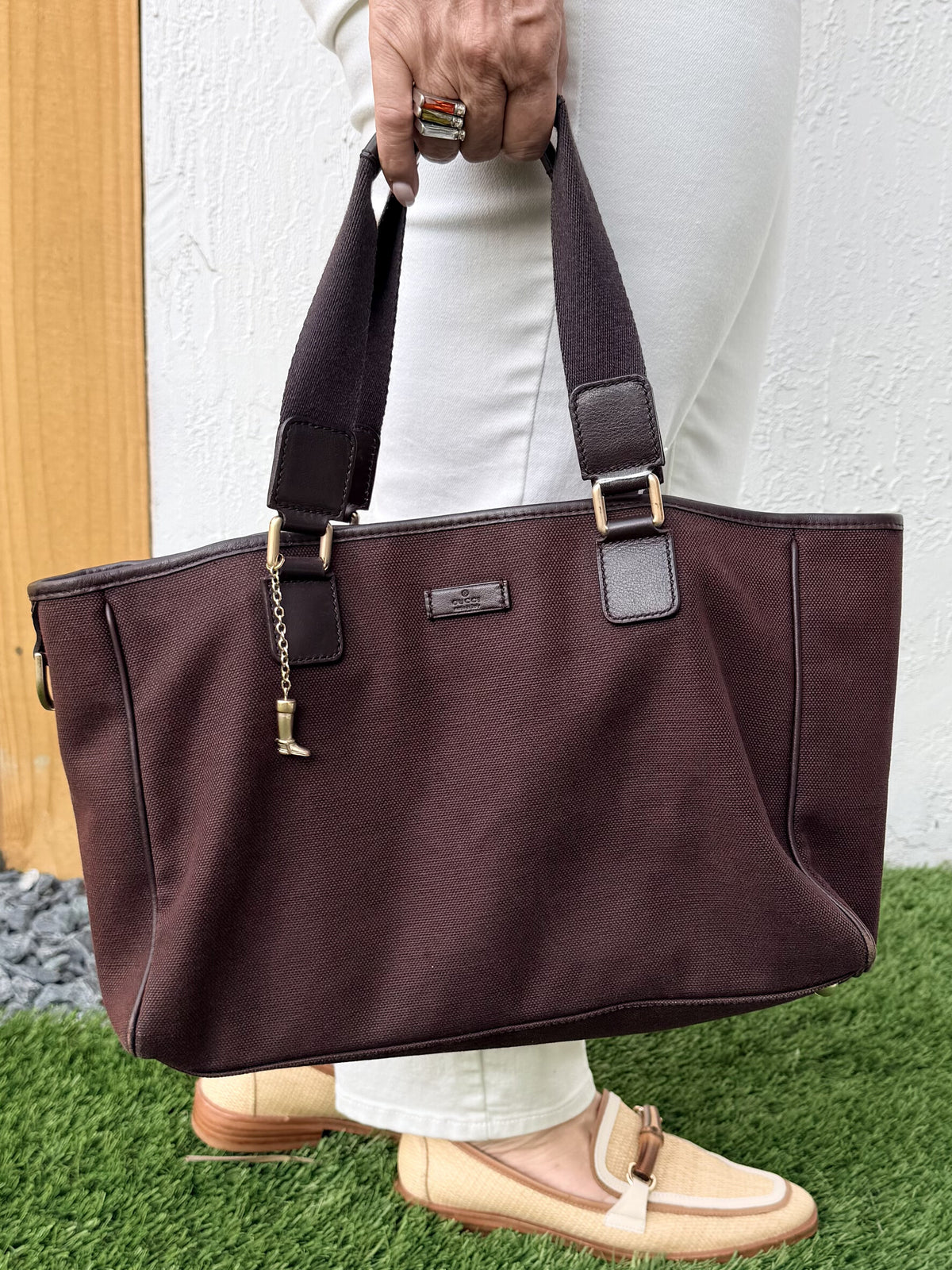 Gucci Boot Charm Canvas Leather Brown Tote Bag