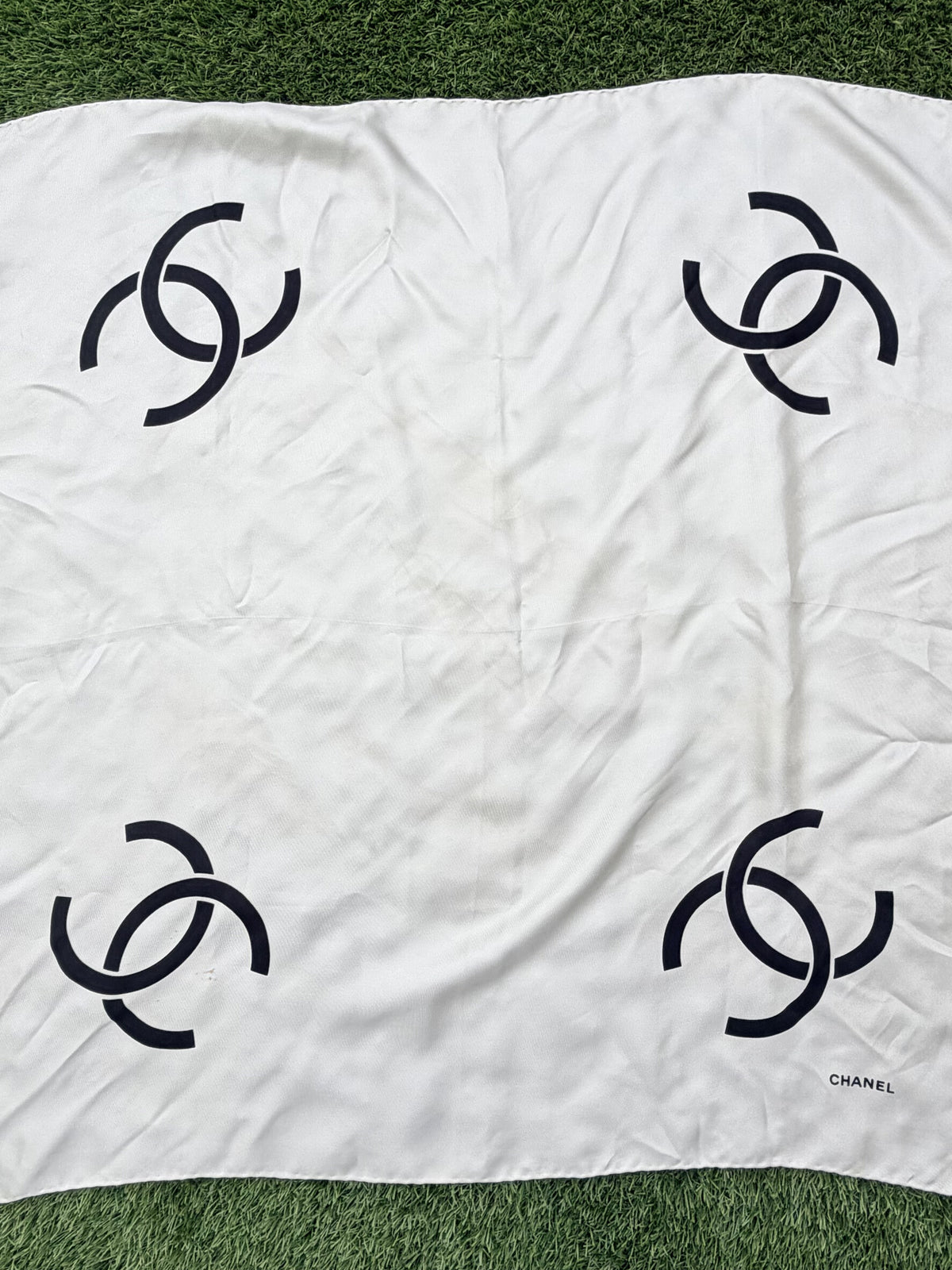 Chanel Coco mark Ivory Black Silk Scarf