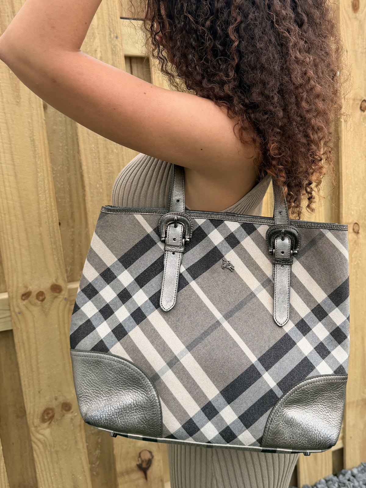 Burberry Nova Check Canvas Leather Gray Silver Handbag