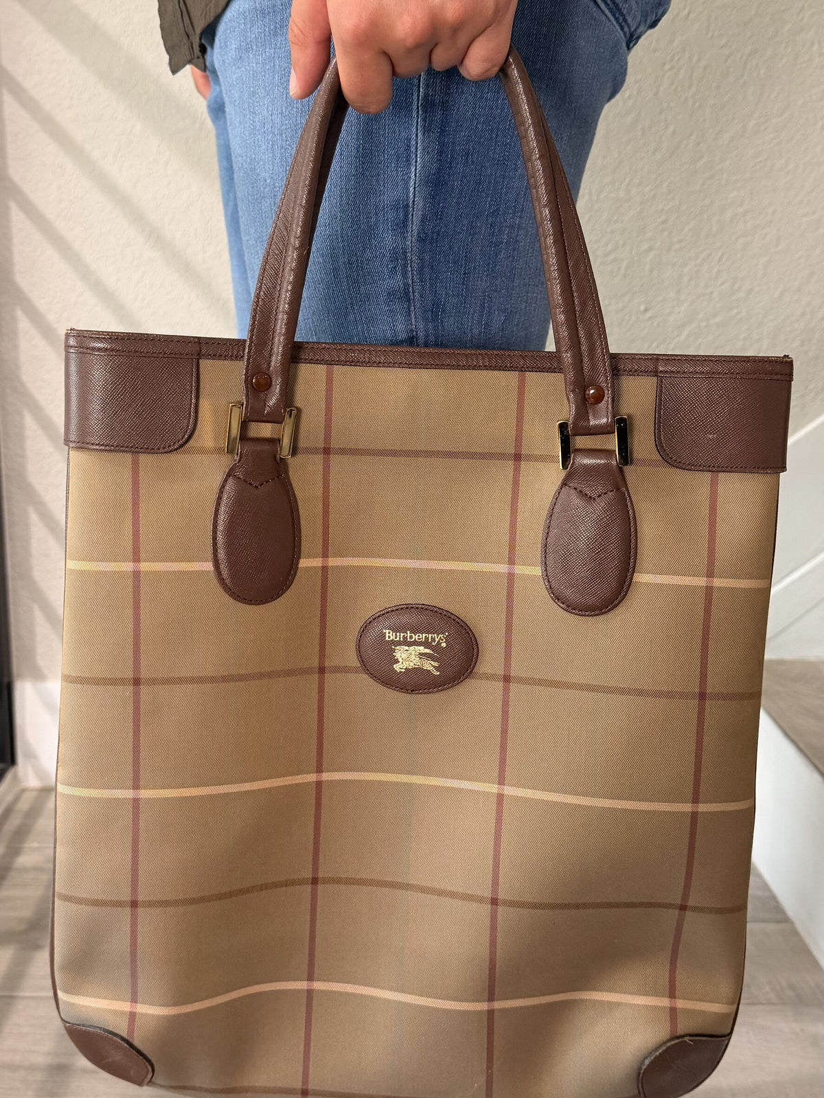 Burberrys Nova Check Pattern Canvas Leather Khaki Brown Tote Bag