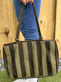 FENDI Pequin Pattern Handbag Shoulder Bag Khaki Black Canvas
