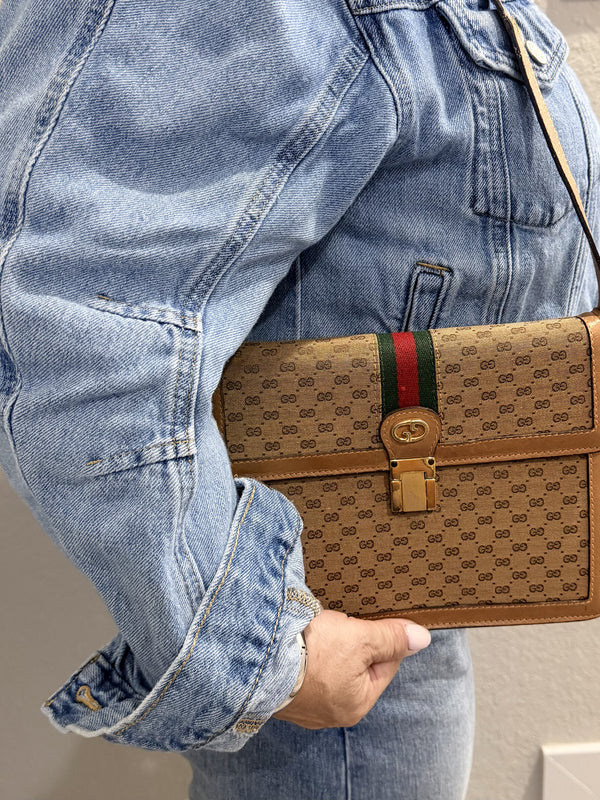 Vintage Gucci Shoulder Bag Sherry Line Brown Canvas