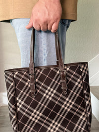 Burberry Nova Check Blue Label Canvas Learther Brown Tote Bag