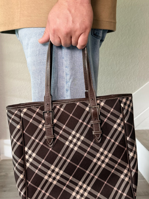 Burberry Nova Check Blue Label Canvas Learther Brown Tote Bag
