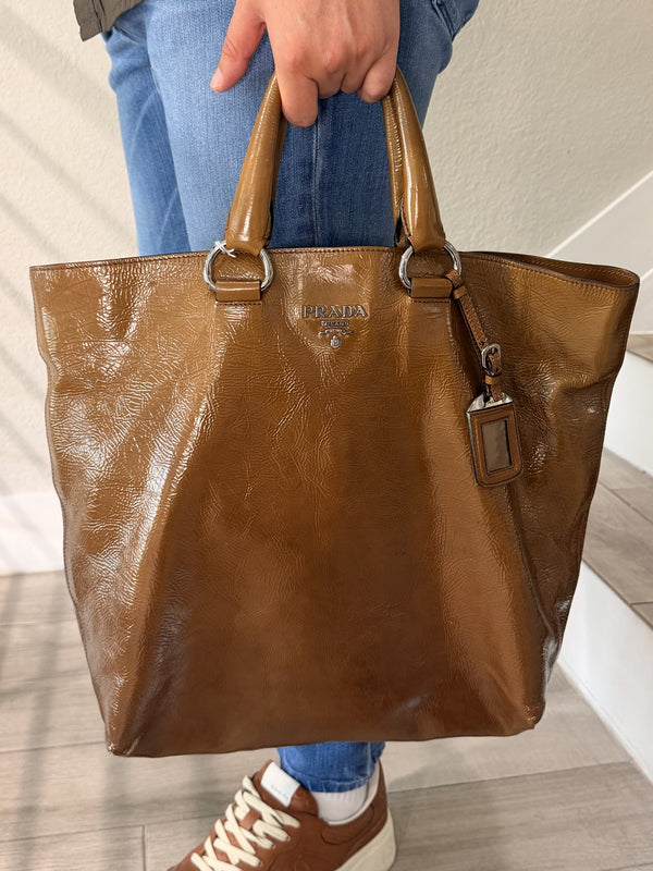 Prada Tote Brown Patent Leather Bag