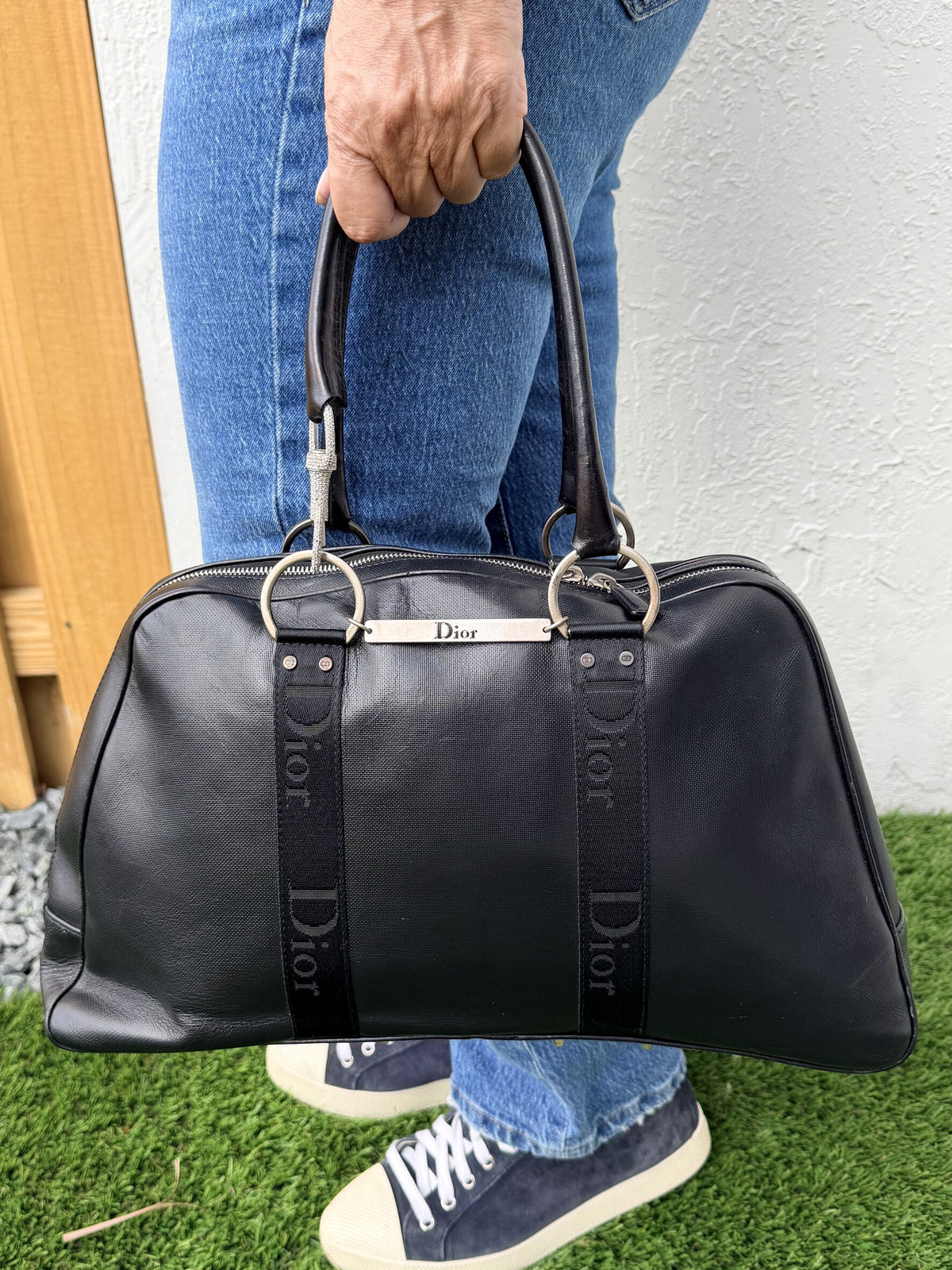 Christian Dior Vintage Logo Tote Bag Rhinestone Black Silver Leather