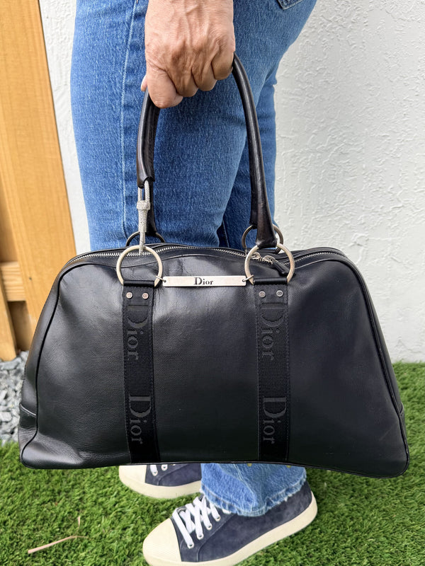 Christian Dior Vintage Logo Tote Bag Rhinestone Black Silver Leather