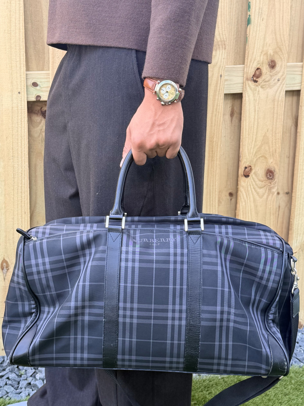 Burberry Nova Check Nylon Leather Navy/Black 2way Boston Bag 50cm