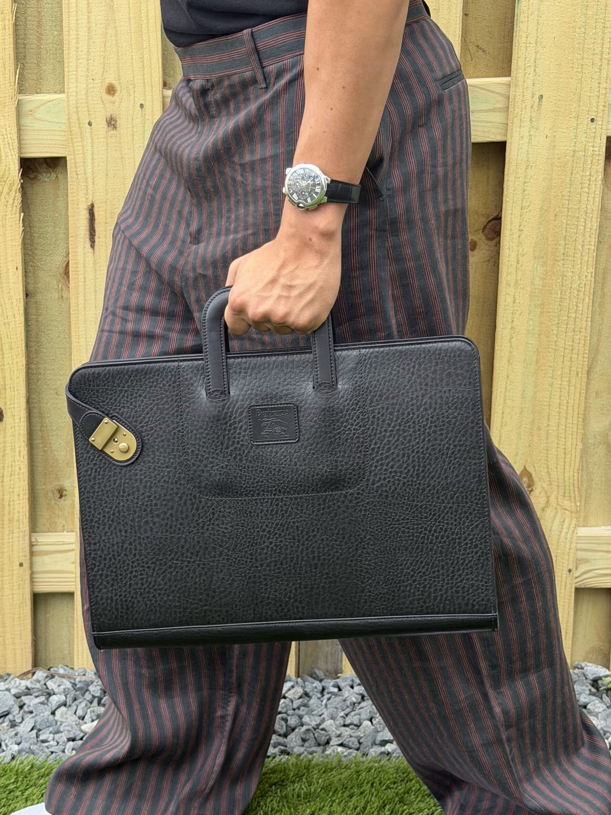 BURBERRY Inner Nova Check Leather Black Briefcase W/Key