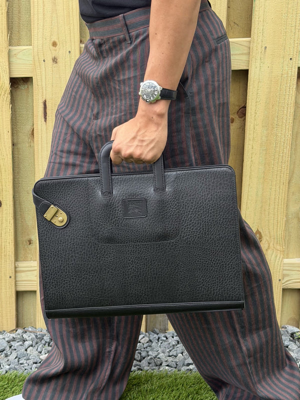 BURBERRY Inner Nova Check Leather Black Briefcase W/Key