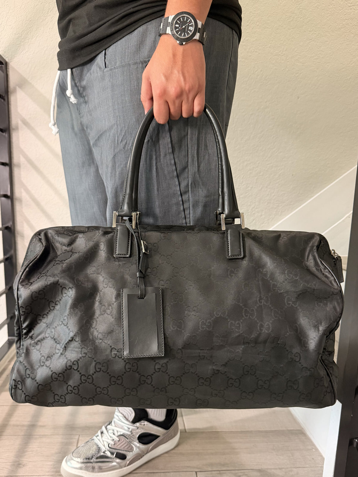 Gucci Jumbo GG Nylon Leather Black Boston Bag W/Padlock