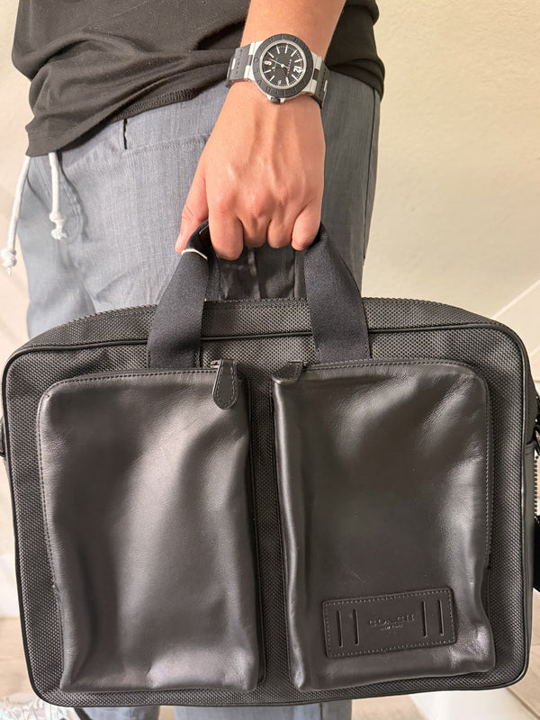 Coach Black Leather X Canvas 2 way Business Briefcase Bag